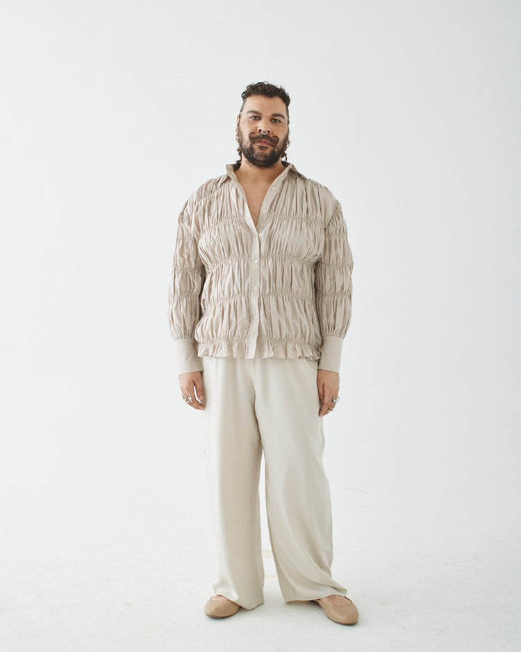 09 Shirred Button Up - Oatmeal
