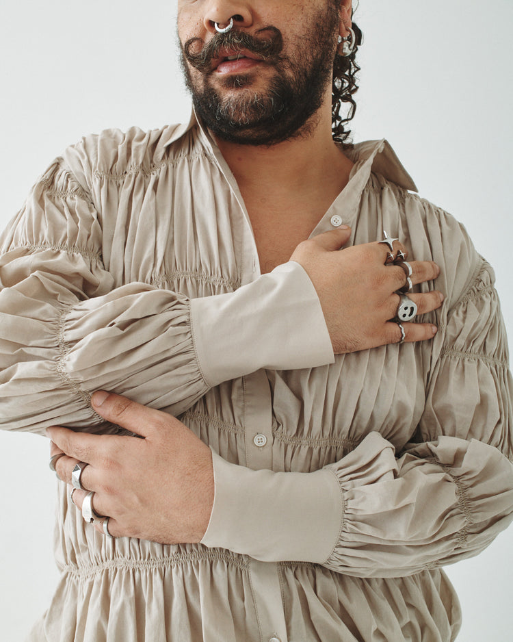 09 Shirred Button Up - Oatmeal