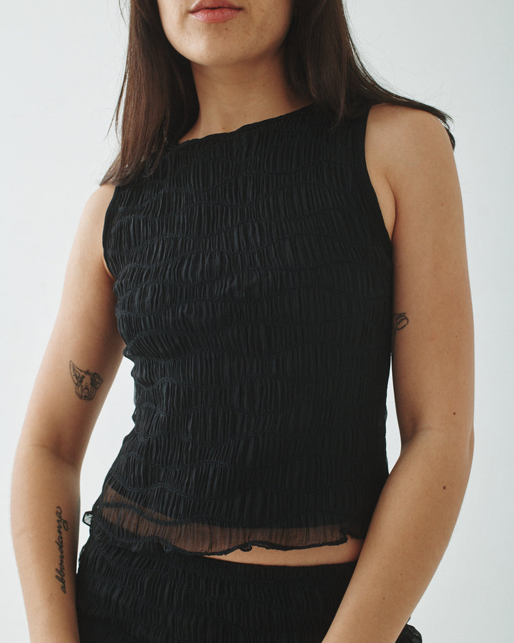 09 Mesh Ruched Tank - Black