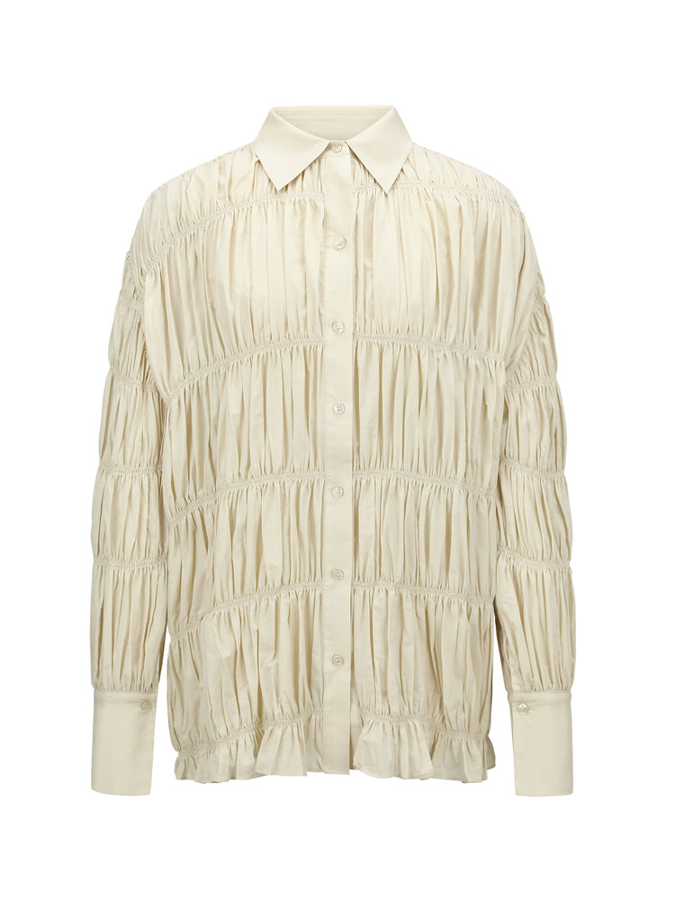 09 Shirred Button Up - Oatmeal